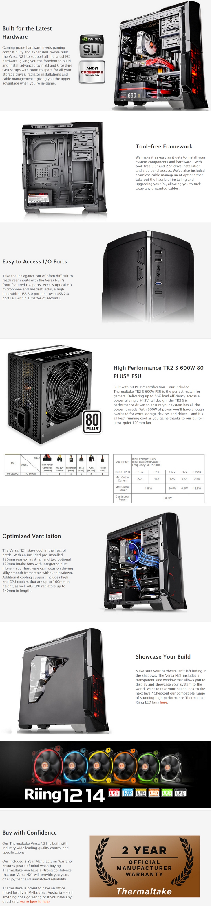 Thermaltake Versa N21 Window Mid-tower Chassis with 600W 80+ PSU